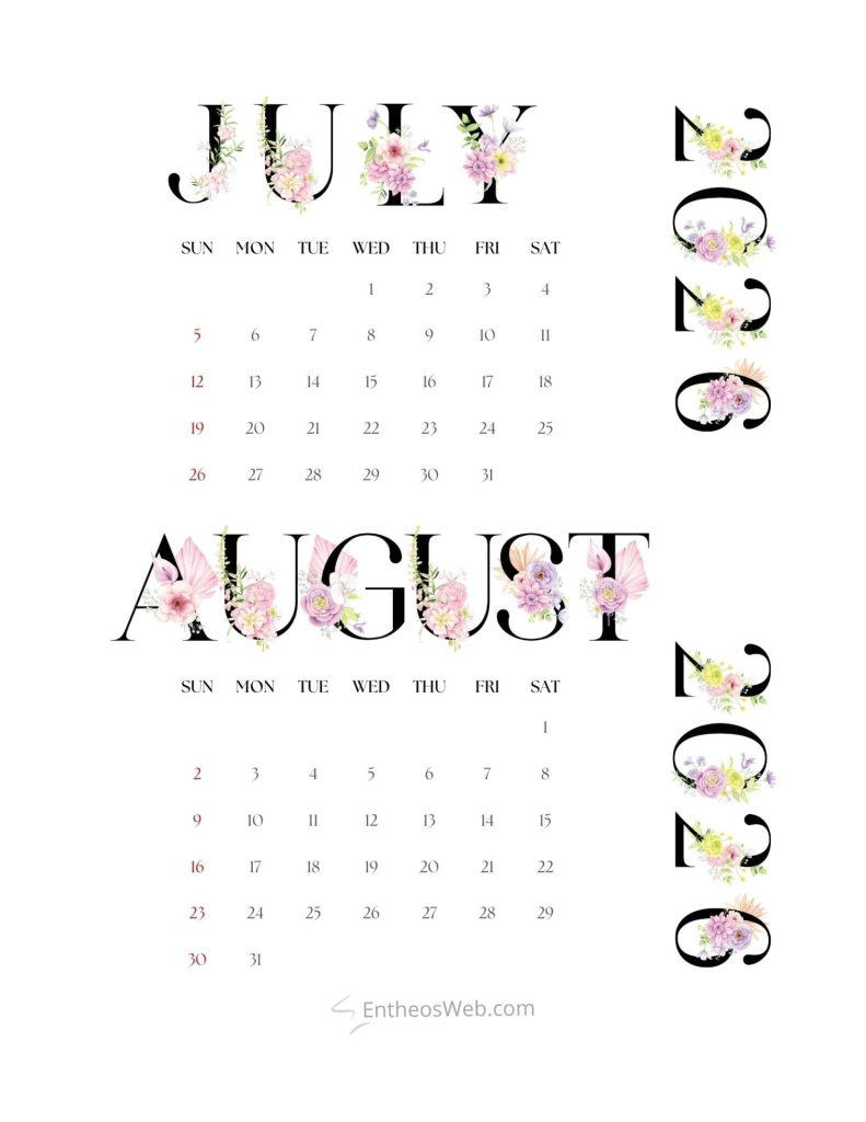 Decorative calendar page with large floral lettered july and august day grid and floral side embellishments 2 month   july august 2026 calendar floral minimalist 8 5 x 11 in